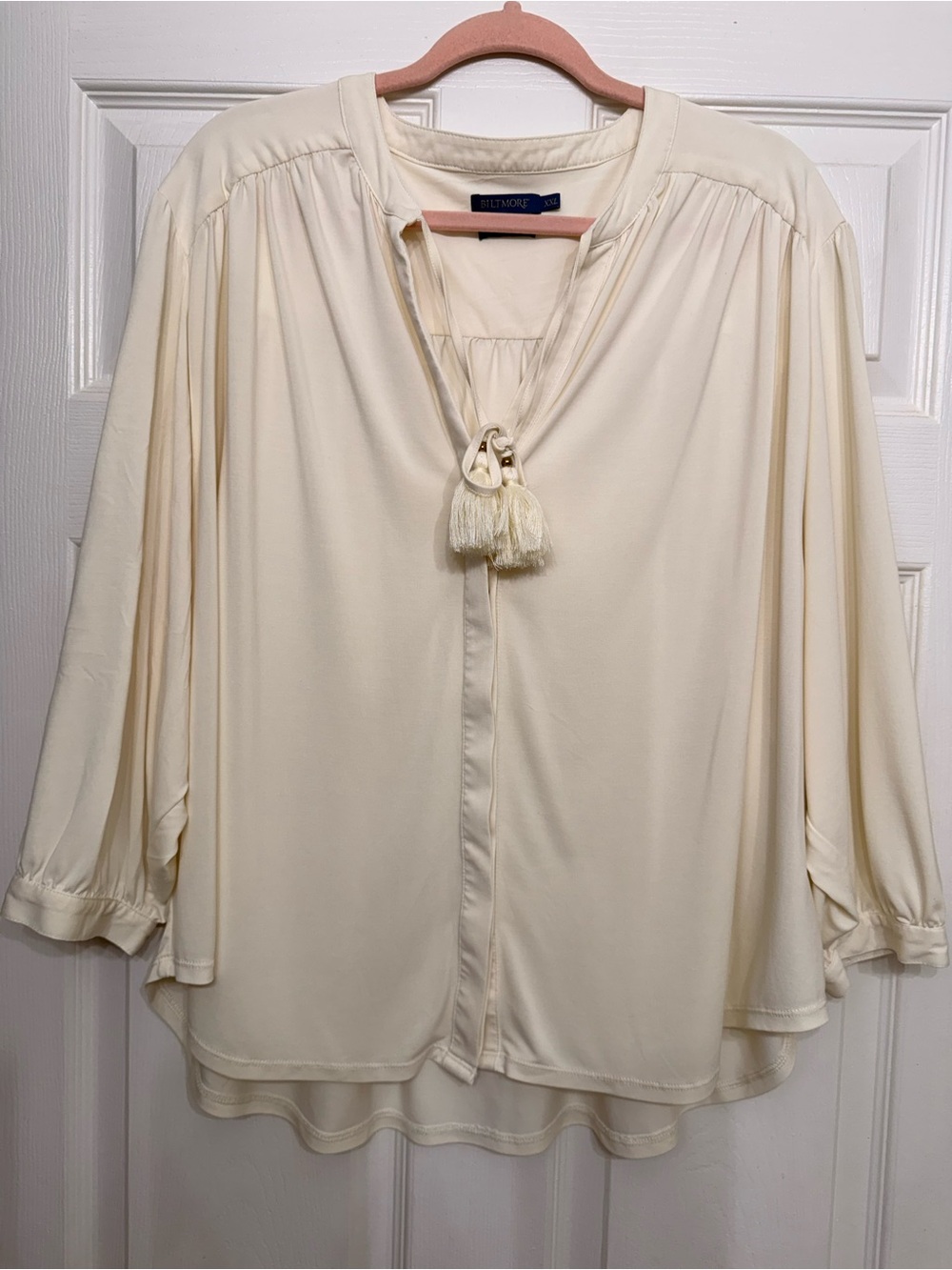 Biltmore XXL Ivory Modal Tassel Peasant Blouse 3/4 Sleeve Boho Top